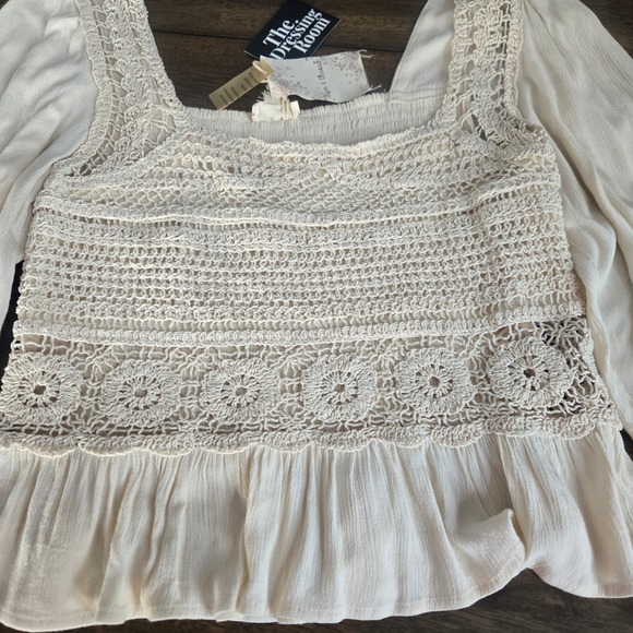 Hem & Thread Cream Crochet Lace Peasant Top Long Sleeve Boho Smocked Blouse M/L - Picture 3 of 8
